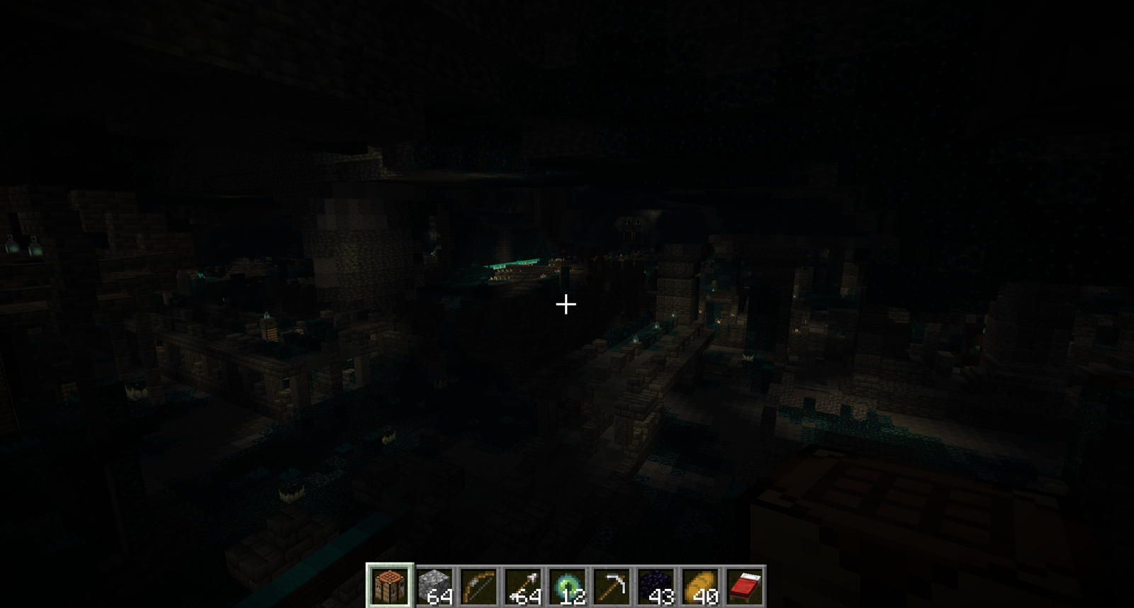 Overview of an ancient city: dark deepslate ruins, teal soul fire lanterns and gray wool walkways