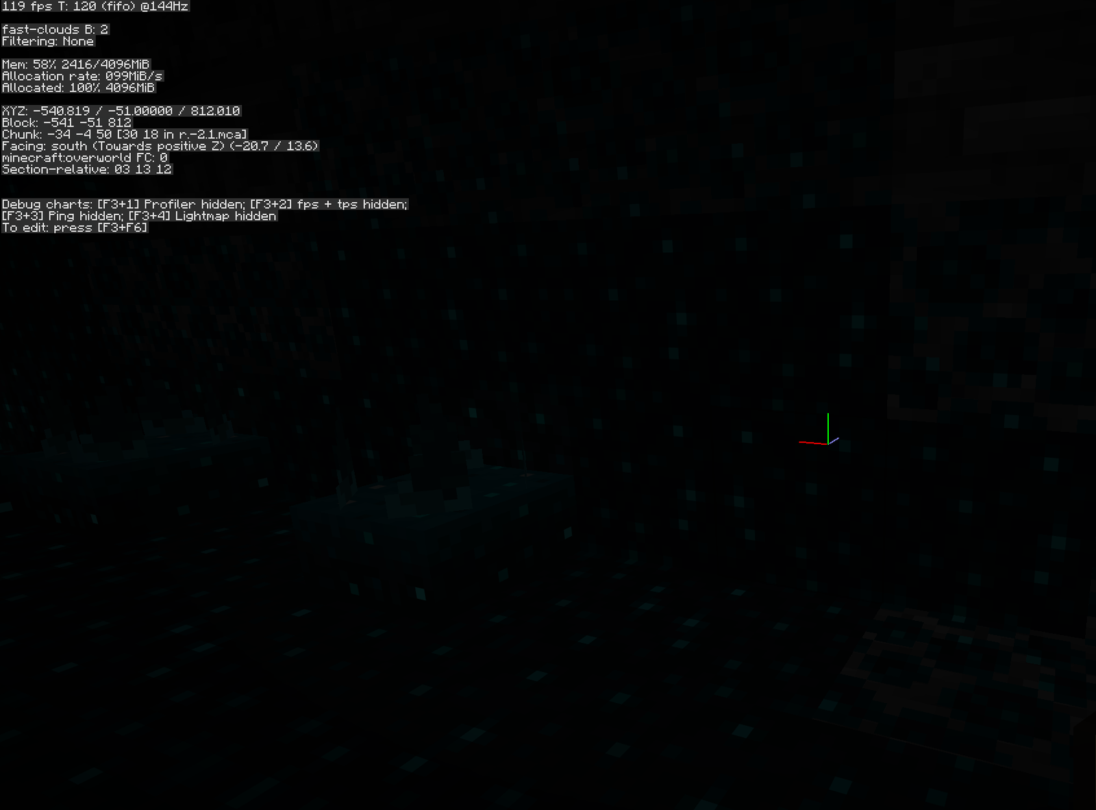 F3 debug screen at deep dark Y level with sculk veins spreading across the cave wall
