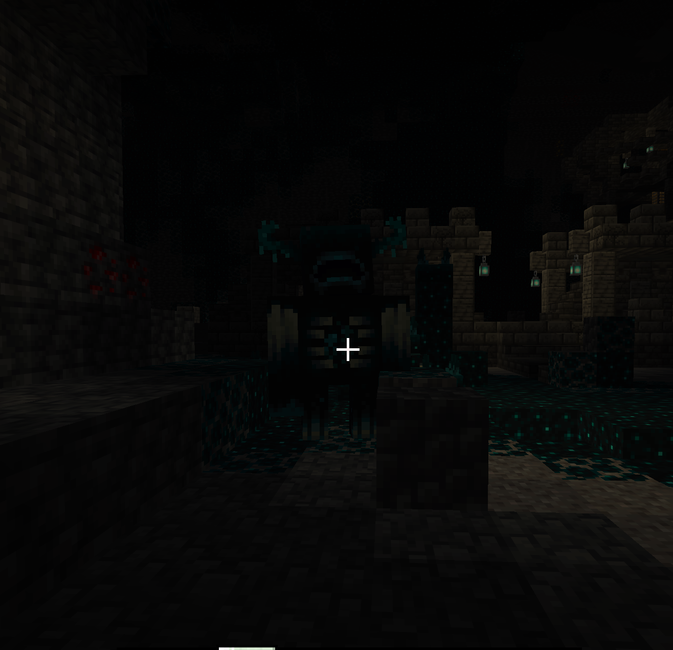 The Warden emerging from the ground with the Darkness effect around the screen