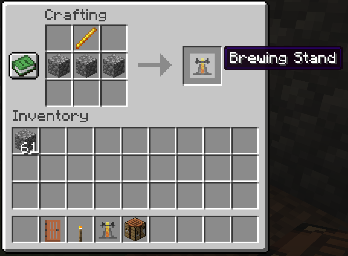 Brewing stand crafting recipe: one blaze rod above three cobblestone