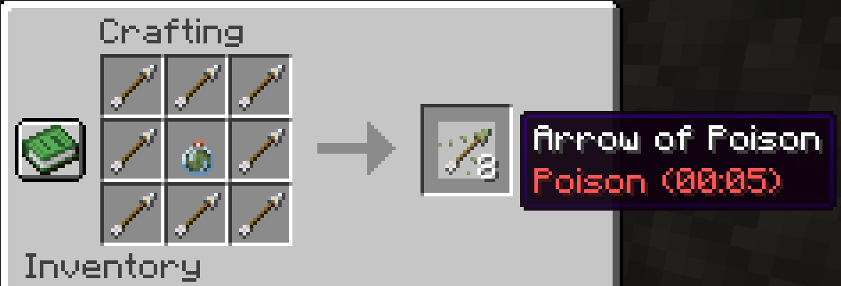 Crafting tipped arrows: eight arrows around one lingering potion makes eight tipped arrows