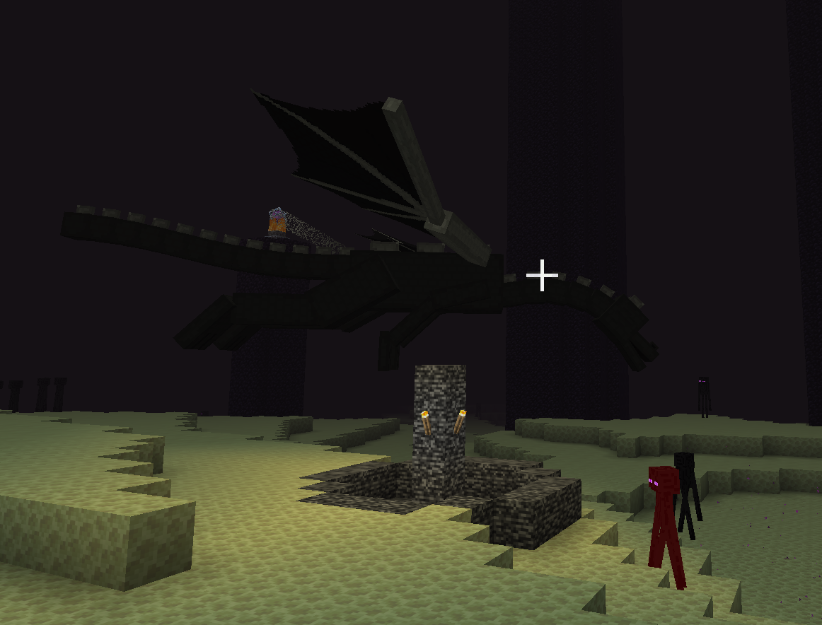 The Ender Dragon perched on the central bedrock exit portal, the melee damage window