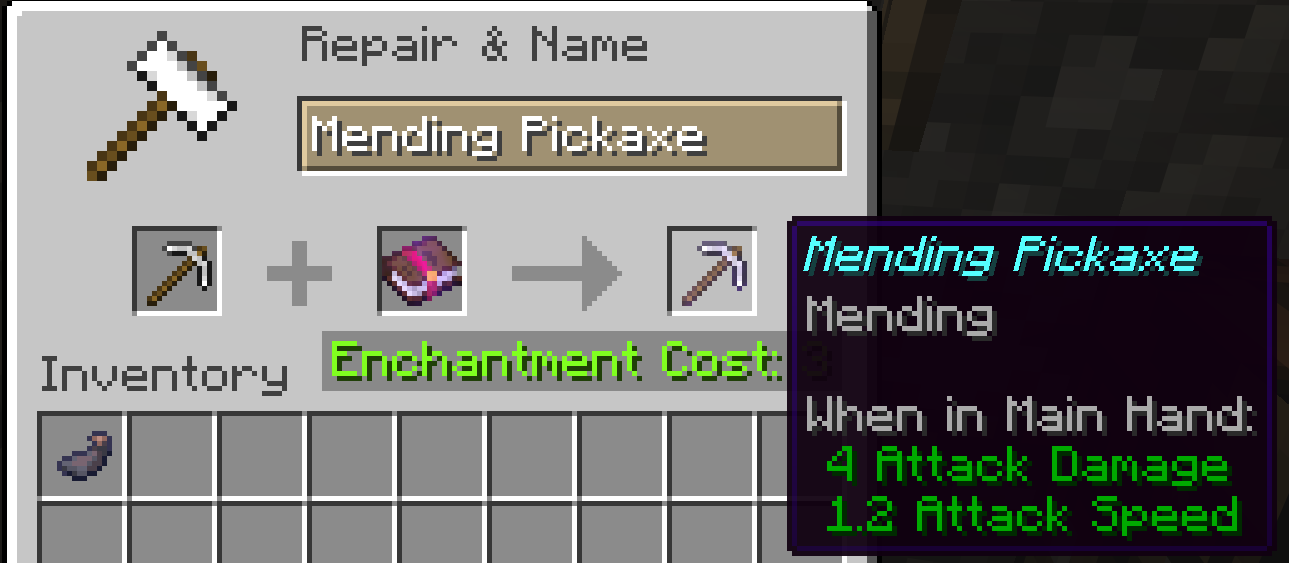 Anvil interface combining enchantments, showing the XP level cost
