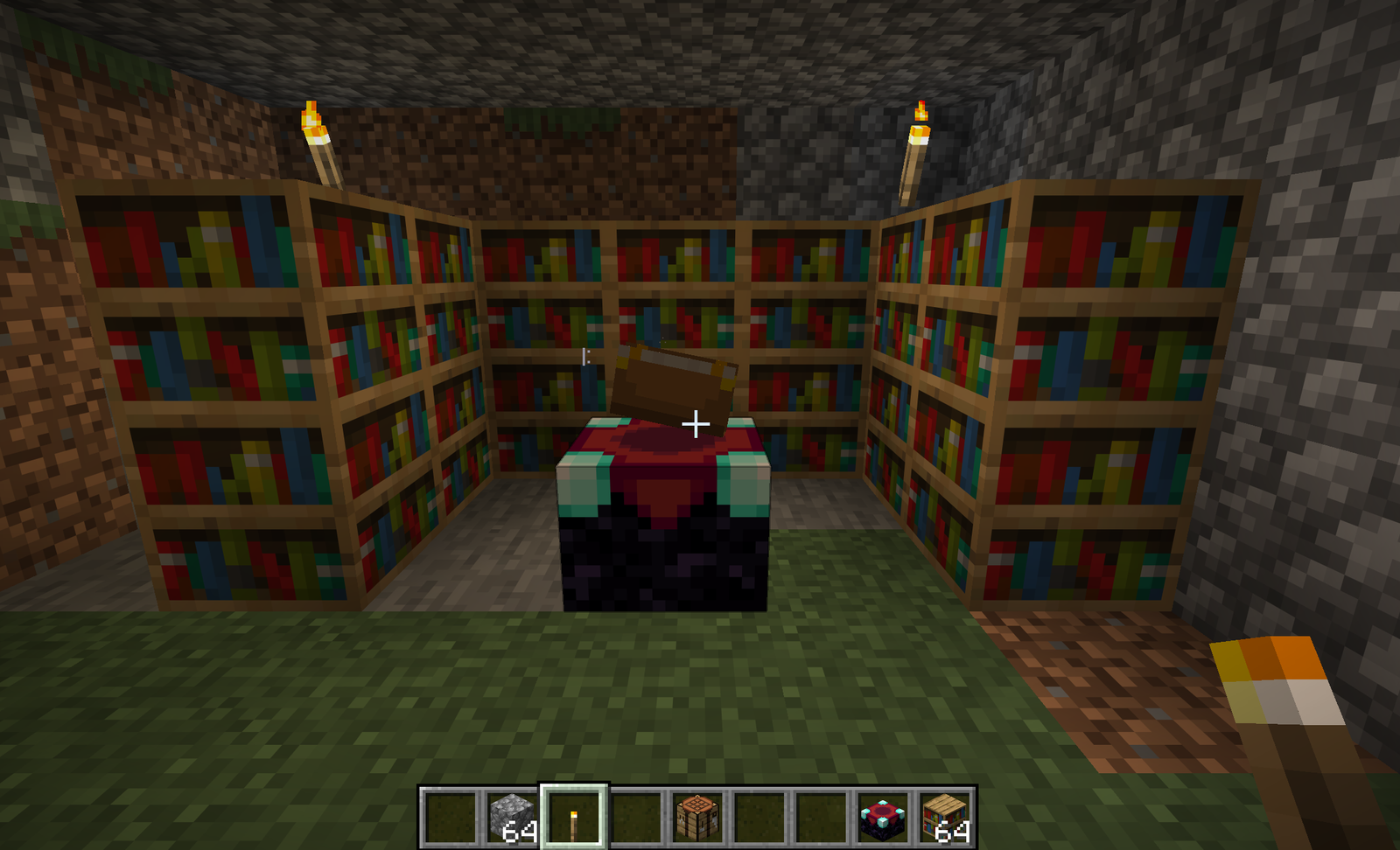 Enchanting table ringed by 15 bookshelves with the one-block gap