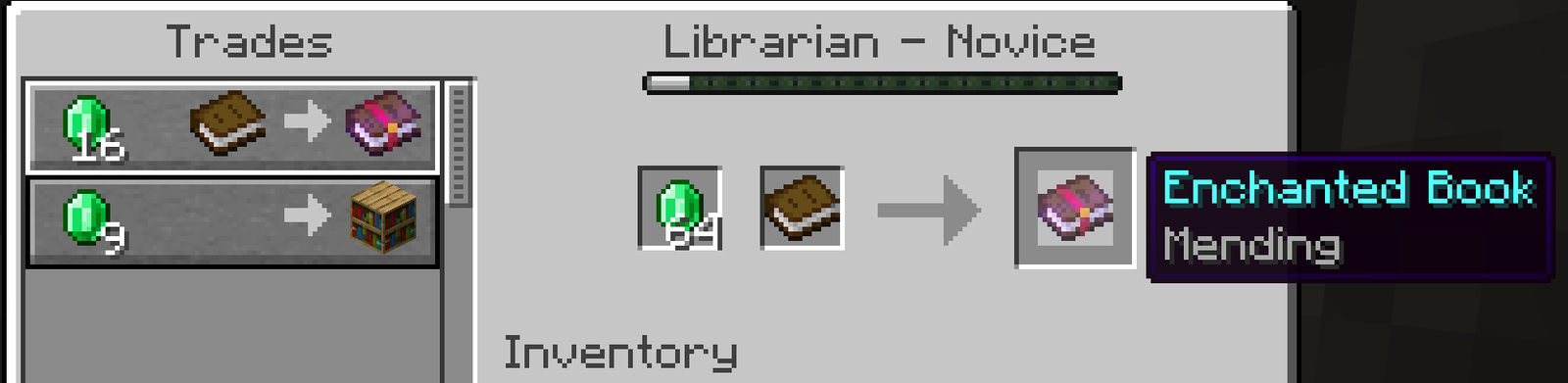 Librarian villager offering a Mending book trade for emeralds