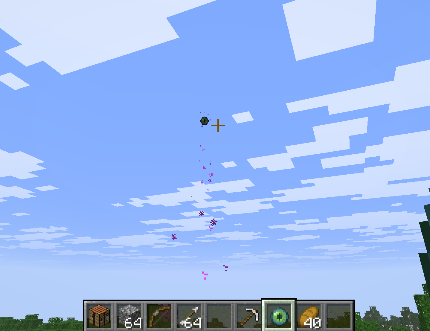 A thrown Eye of Ender drifting through the open sky with its purple particle trail