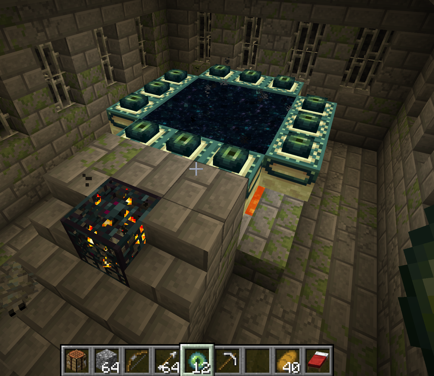 Stronghold portal room: twelve end portal frames over lava with the silverfish spawner, filled and activated